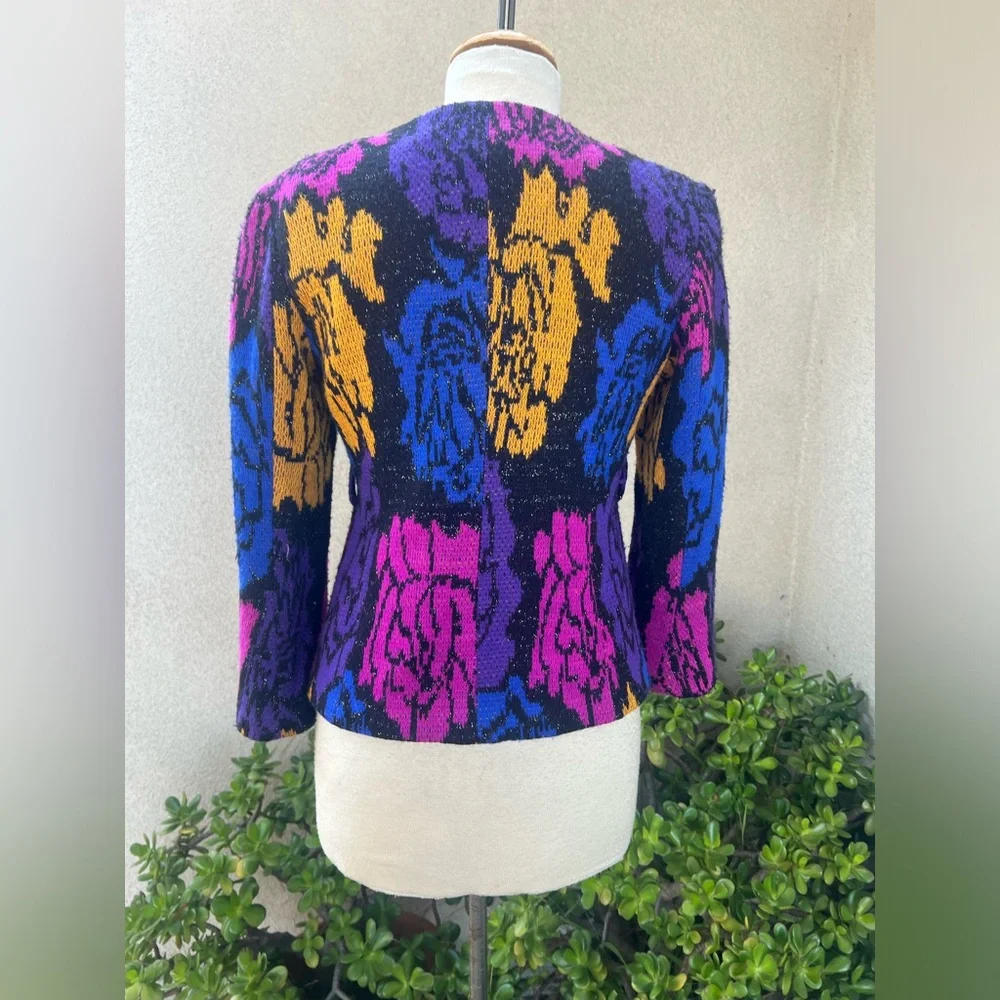 Vintage 80s knit New Wave cardigan sweater lined neon colors Sz M - Picture 2 of 12